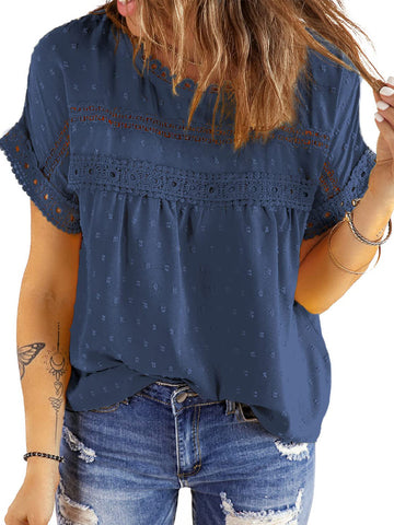 UVN Summer Womens Blouse Shirts Crewneck Lace Crochet Tops Short Sleeve Shirts Casual Chiffon Blouses