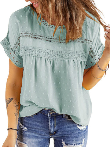 UVN Summer Womens Blouse Shirts Crewneck Lace Crochet Tops Short Sleeve Shirts Casual Chiffon Blouses