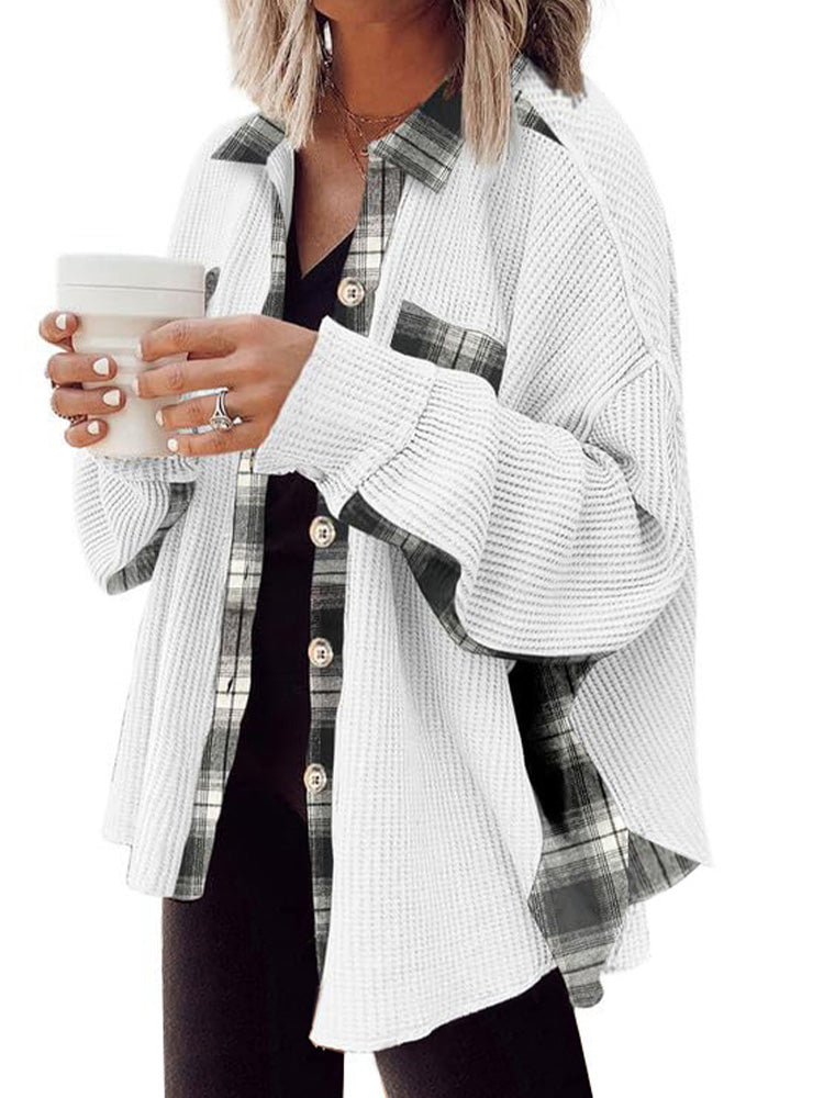 UVN Womens Shacket Jacket Waffle Shirts Long Sleeve Button Down Boyfriend Shirt Coats Side elastic thread Tops