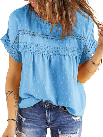 UVN Summer Womens Blouse Shirts Crewneck Lace Crochet Tops Short Sleeve Shirts Casual Chiffon Blouses