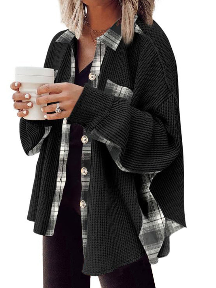 UVN Womens Shacket Jacket Waffle Shirts Long Sleeve Button Down Boyfriend Shirt Coats Side elastic thread Tops
