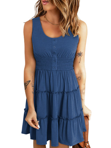 UVN Sleeveless Dresses for Women Summer Casual Button Down Sundresses Ladies Ruffle Tiered Casual Swing Beach Dress