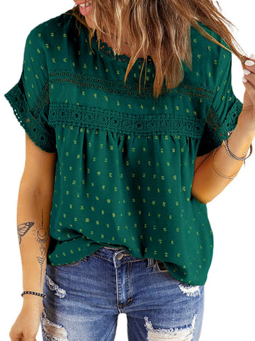 UVN Summer Womens Blouse Shirts Crewneck Lace Crochet Tops Short Sleeve Shirts Casual Chiffon Blouses
