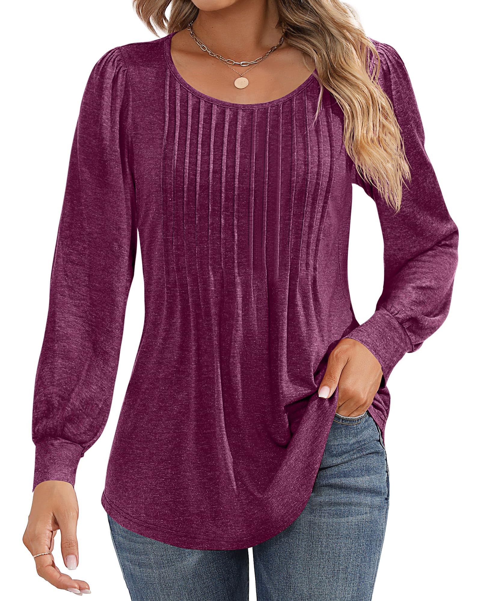 UVN Blouses for Women Pleated Long Sleeve Shirts Crew Neck Dressy Casual Tunic Tops