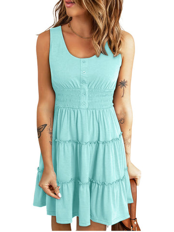 UVN Sleeveless Dresses for Women Summer Casual Button Down Sundresses Ladies Ruffle Tiered Casual Swing Beach Dress