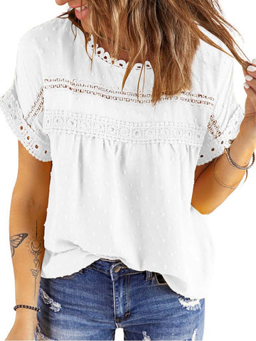 UVN Summer Womens Blouse Shirts Crewneck Lace Crochet Tops Short Sleeve Shirts Casual Chiffon Blouses