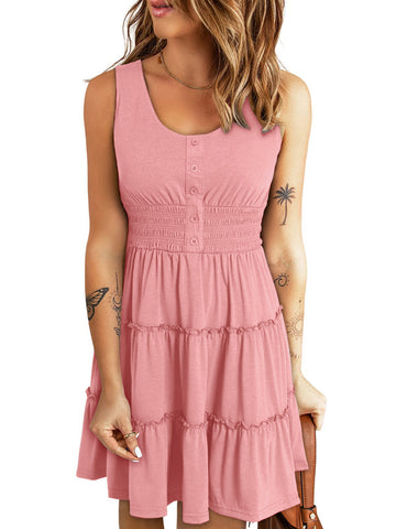 UVN Sleeveless Dresses for Women Summer Casual Button Down Sundresses Ladies Ruffle Tiered Casual Swing Beach Dress