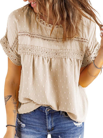 UVN Summer Womens Blouse Shirts Crewneck Lace Crochet Tops Short Sleeve Shirts Casual Chiffon Blouses