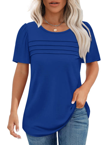 UVN Short Sleeve Blouse for Women Summer Dressy Casual Crewneck Shirt Pleated Tunic Tops