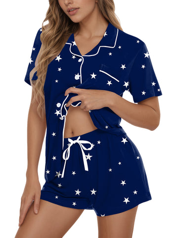 UVN Pajamas Sets for Women Button Down Short Sleeve Tops and Drawstring Shorts 2 Piece Lounge Set