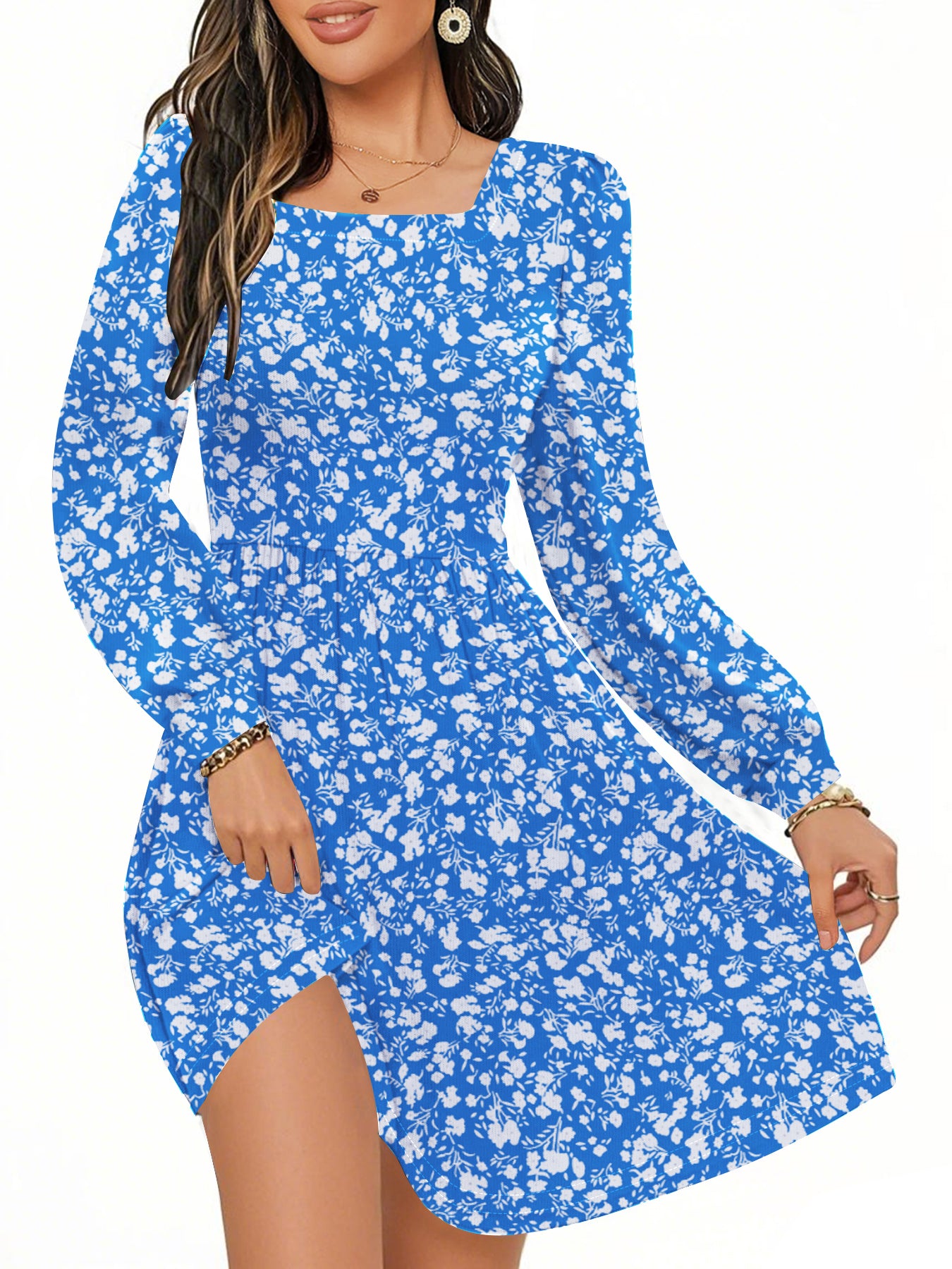 UVN Dresses for Women Fall Long Sleeve Square Neck Dress Boho Floral Print Midi Dresses with Pockets