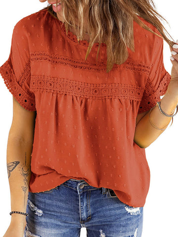 UVN Summer Womens Blouse Shirts Crewneck Lace Crochet Tops Short Sleeve Shirts Casual Chiffon Blouses