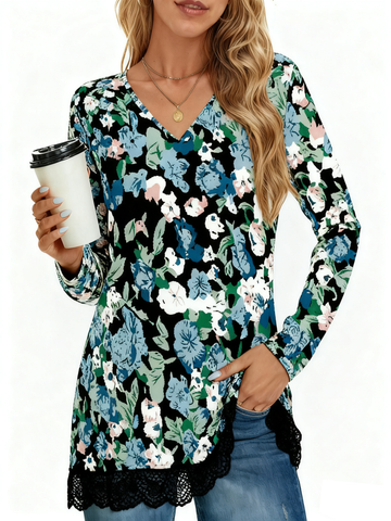 UVN Fall Tops for Women Long Sleeve Lace Trim V Neck Blouses Dressy Casual A Line Tunic Shirts