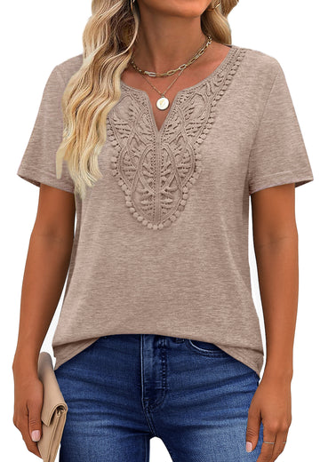 UVN Blouses for Women Summer Short Sleeve V Neck Lace Shirts Dressy Casual Boho Tunic Tops