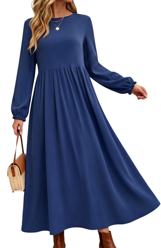 UVN Fall Long Dress for Women Crewneck Casual Long Sleeve Pleated Dresses with Pockets
