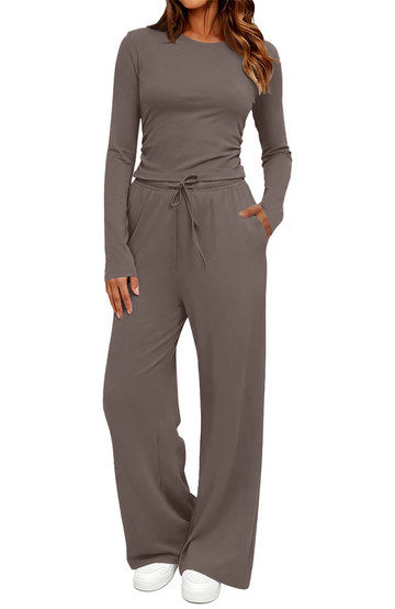 UVN Winter Womens 2 Piece Outfit Sets Ruched Long Sleeve Top and Wide Leg Pants Casual Loungewear Ladies Workout Sets