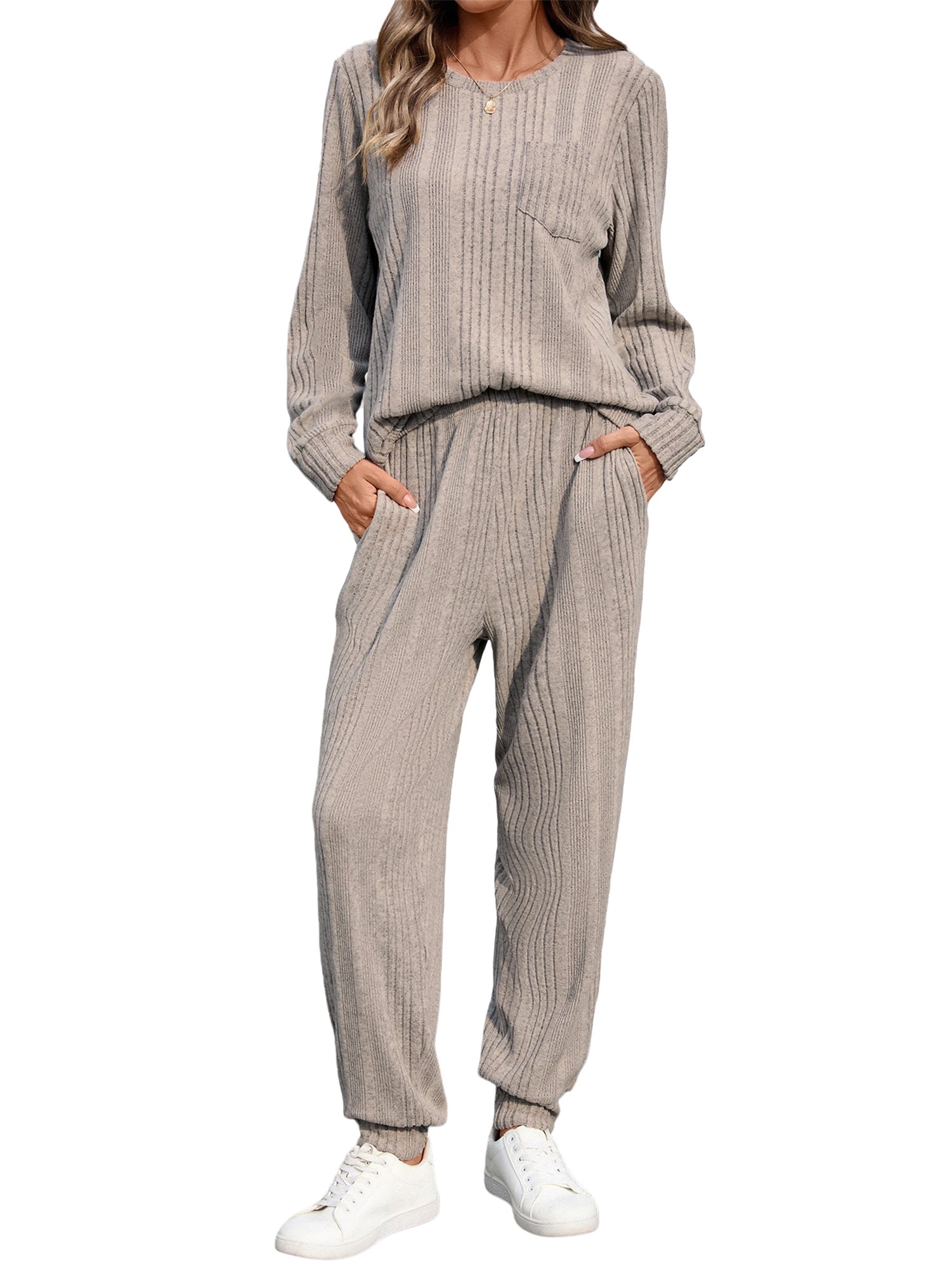 UVN Two Piece Sets for Women Casual Outfits Sets Textured Long Sleeve Shirts and Long Pants Lounge Set Fall Pajama Sets with Pockets