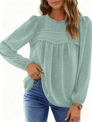UVN Fall Shirts for Women Long Sleeve Blouses Ladies Crewneck Lace Crochet Tops Dressy Chiffon Blouses