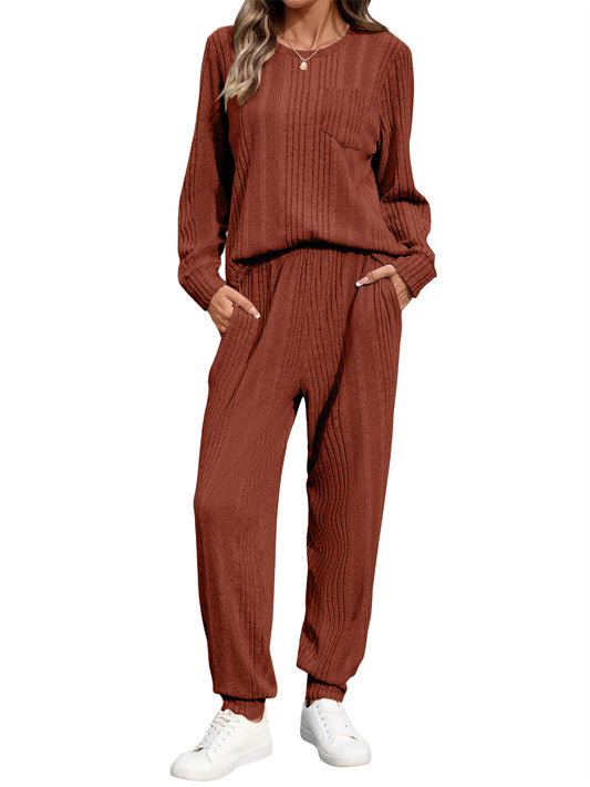 UVN Two Piece Sets for Women Casual Outfits Sets Textured Long Sleeve Shirts and Long Pants Lounge Set Fall Pajama Sets with Pockets