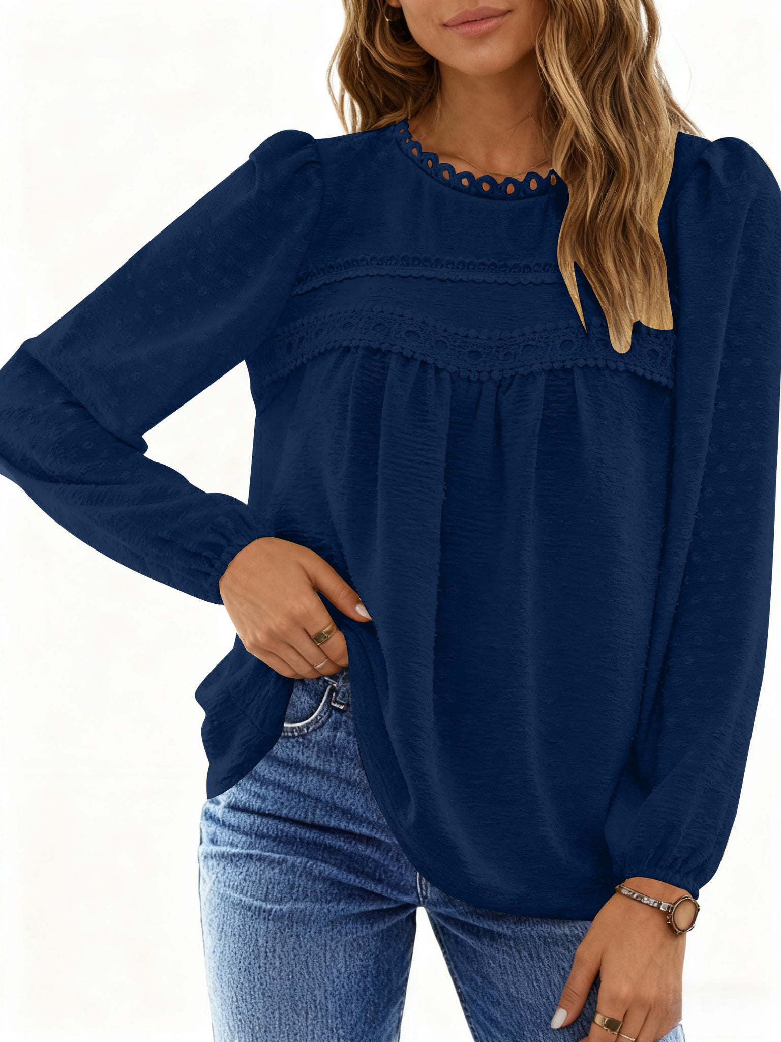 UVN Fall Shirts for Women Long Sleeve Blouses Ladies Crewneck Lace Crochet Tops Dressy Chiffon Blouses