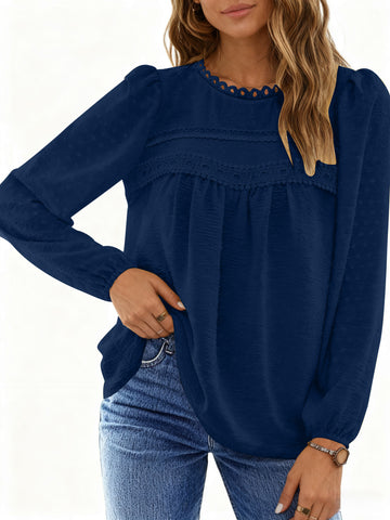 UVN Fall Shirts for Women Long Sleeve Blouses Ladies Crewneck Lace Crochet Tops Dressy Chiffon Blouses