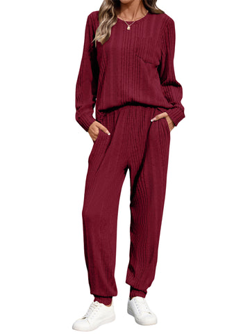 UVN Two Piece Sets for Women Casual Outfits Sets Textured Long Sleeve Shirts and Long Pants Lounge Set Fall Pajama Sets with Pockets