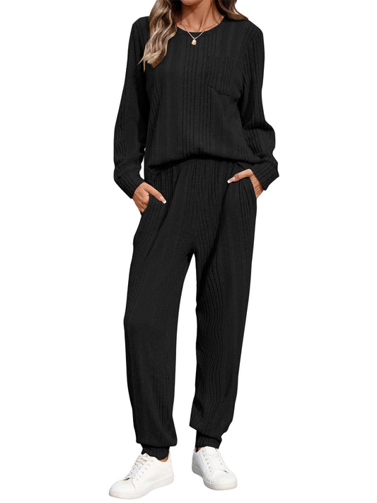 UVN Two Piece Sets for Women Casual Outfits Sets Textured Long Sleeve Shirts and Long Pants Lounge Set Fall Pajama Sets with Pockets