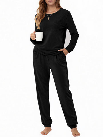 UVN Womens Velvet Pajamas Sets Winter 2 Piece Outfits Ladies Fleece Long Sleeve Sleepwear with Pockets
