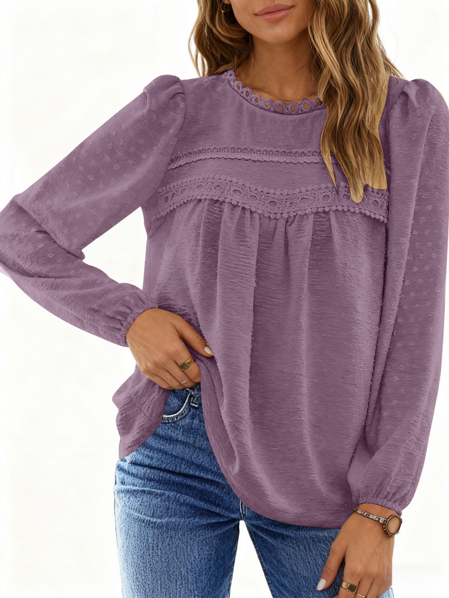 UVN Fall Shirts for Women Long Sleeve Blouses Ladies Crewneck Lace Crochet Tops Dressy Chiffon Blouses