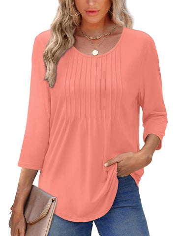 UVN Women Summer Blouses 3/4 Sleeves Loose Fit Shirts Ladies Pleated Crew Neck Tunic Tops