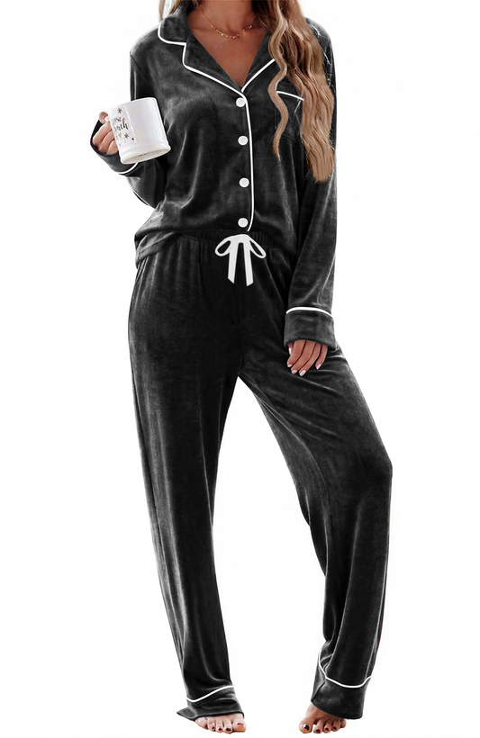 UVN Velvet Pajama Sets for Women Winter Long Sleeve Button Top and Womens Drawstring Pant Sleepwear with Pockets