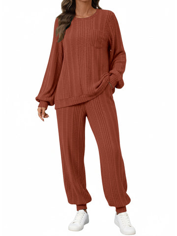 UVN Two Piece Sets for Women Casual Outfits Sets Textured Long Sleeve Shirts and Long Pants Lounge Set Fall Pajama Sets with Pockets