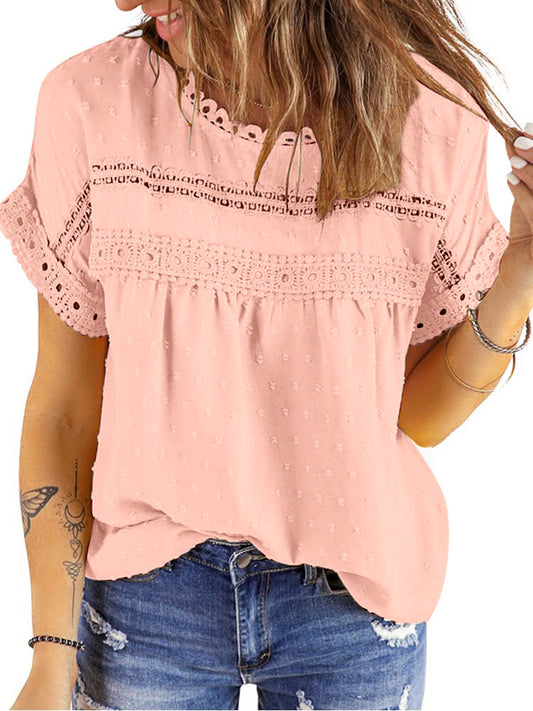 UVN Summer Womens Blouse Shirts Crewneck Lace Crochet Tops Short Sleeve Shirts Casual Chiffon Blouses