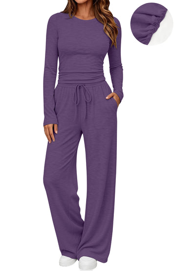 UVN Winter Womens 2 Piece Outfit Sets Ruched Long Sleeve Top and Wide Leg Pants Casual Loungewear Ladies Workout Sets