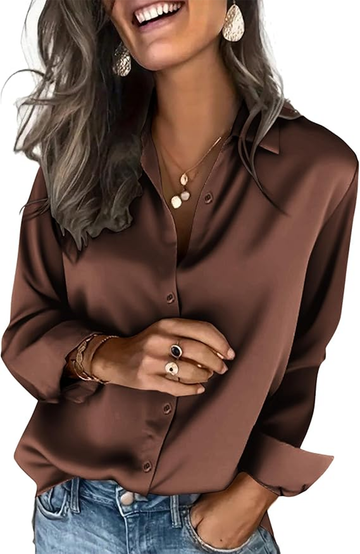 UVN Shirts for Women Long Sleeve Satin Blouses Button Down Ladies Casual Top