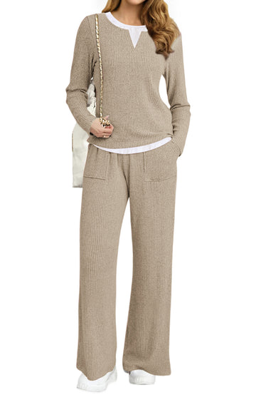 UVN Fall Matching Set for Women Color Block Tops and Wide Leg Pants Ladies Sweatsuit Casual 2 Peice Set