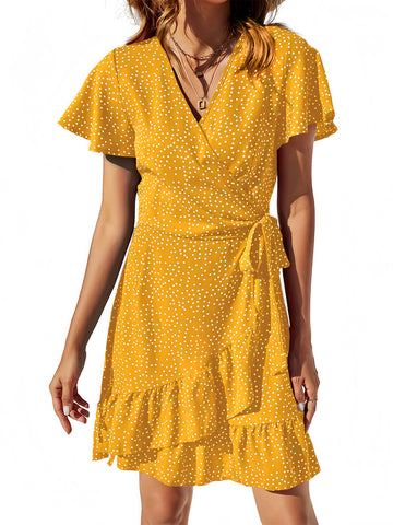 UVN Summer Wrap Dress for Women V Neck Short Sleeve Dress Ladies Boho Floral Dress with Belt