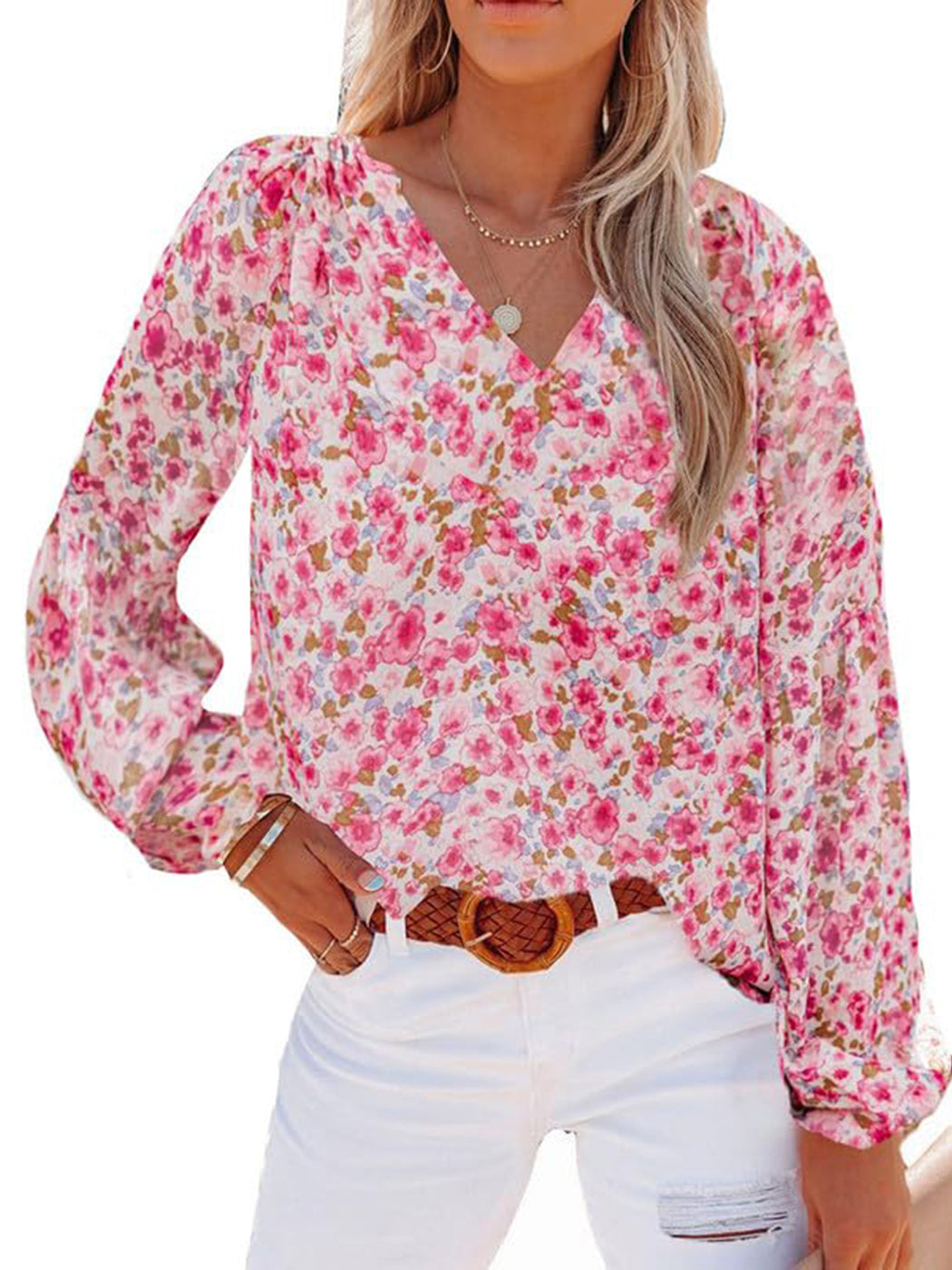 UVN Floral Print Blouses for Women V Neck Long Sleeve Shirts Boho Casual Ladies Tops