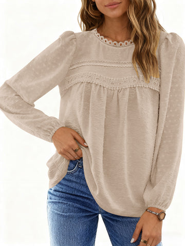 UVN Fall Shirts for Women Long Sleeve Blouses Ladies Crewneck Lace Crochet Tops Dressy Chiffon Blouses