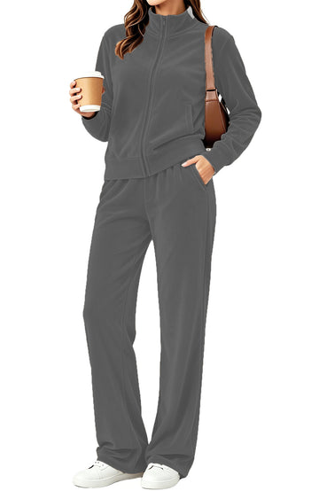 UVN Velour Outfit Set for Women 2 Piece Lounge Sets Casual Full Zip Top and Wide Leg Pants Ladies Fall Tracksuit with Pocket