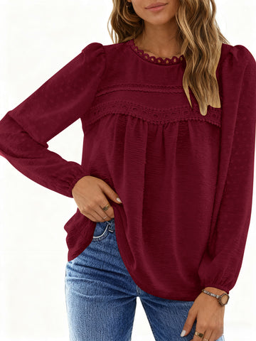 UVN Fall Shirts for Women Long Sleeve Blouses Ladies Crewneck Lace Crochet Tops Dressy Chiffon Blouses