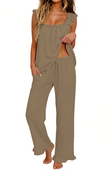UVN Pajamas for Women 2 Piece Ruffle Strap Tops and Long Pants Ladies Casual Sleepwear Fall Lounge Pajama Sets