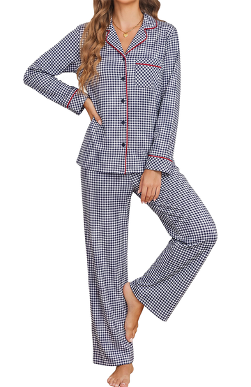 UVN Womens 2 Piece Pajama Set Fall Gingham Button up Top and Long Pant Casual Ladies Plaid Loungewear Set with Pockets