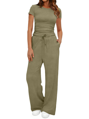 UVN Summer 2 Piece Outfit Set for Women Ruched Short Sleeve Tops and Wide Leg Pants with Pockets Casual Tracksuit Sets Ladies Loungewear