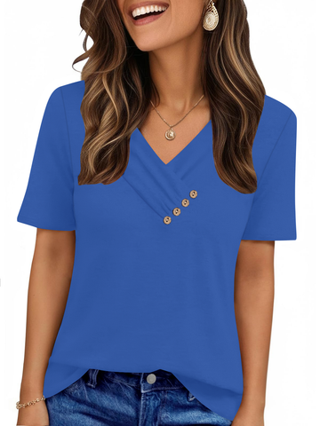 UVN Blouses for Women Summer Short Sleeve V Neck Button Shirts Dressy Casual Business Tunic Tops