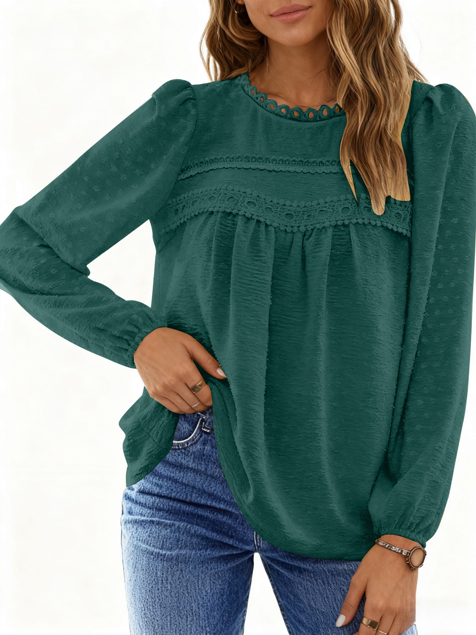 UVN Fall Shirts for Women Long Sleeve Blouses Ladies Crewneck Lace Crochet Tops Dressy Chiffon Blouses