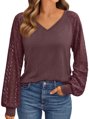 UVN Blouses for Women Dressy Lace Long Sleeve Shirts Fall Casual V Neck Tunic Tops