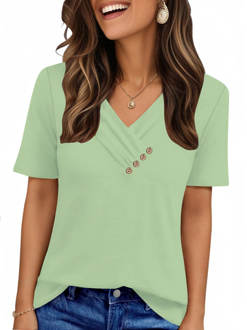 UVN Blouses for Women Summer Short Sleeve V Neck Button Shirts Dressy Casual Business Tunic Tops
