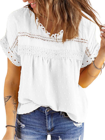 UVN Summer Womens Blouse Shirts Crewneck Lace Crochet Tops Short Sleeve Shirts Casual Chiffon Blouses