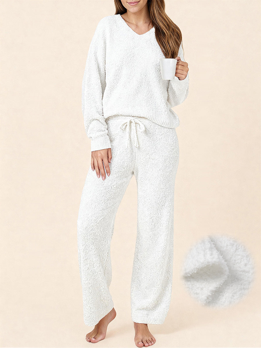 UVN Winter Pajama for Women Sweater Set Ladies V neck Tops and Long Pants Warm 2 Piece Loungewear